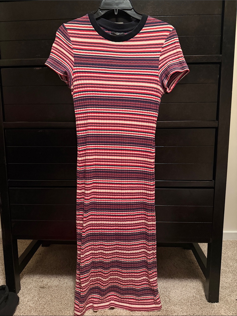Striped Rib-Knit Short Sleeve Maxi Dress in Red & Navy